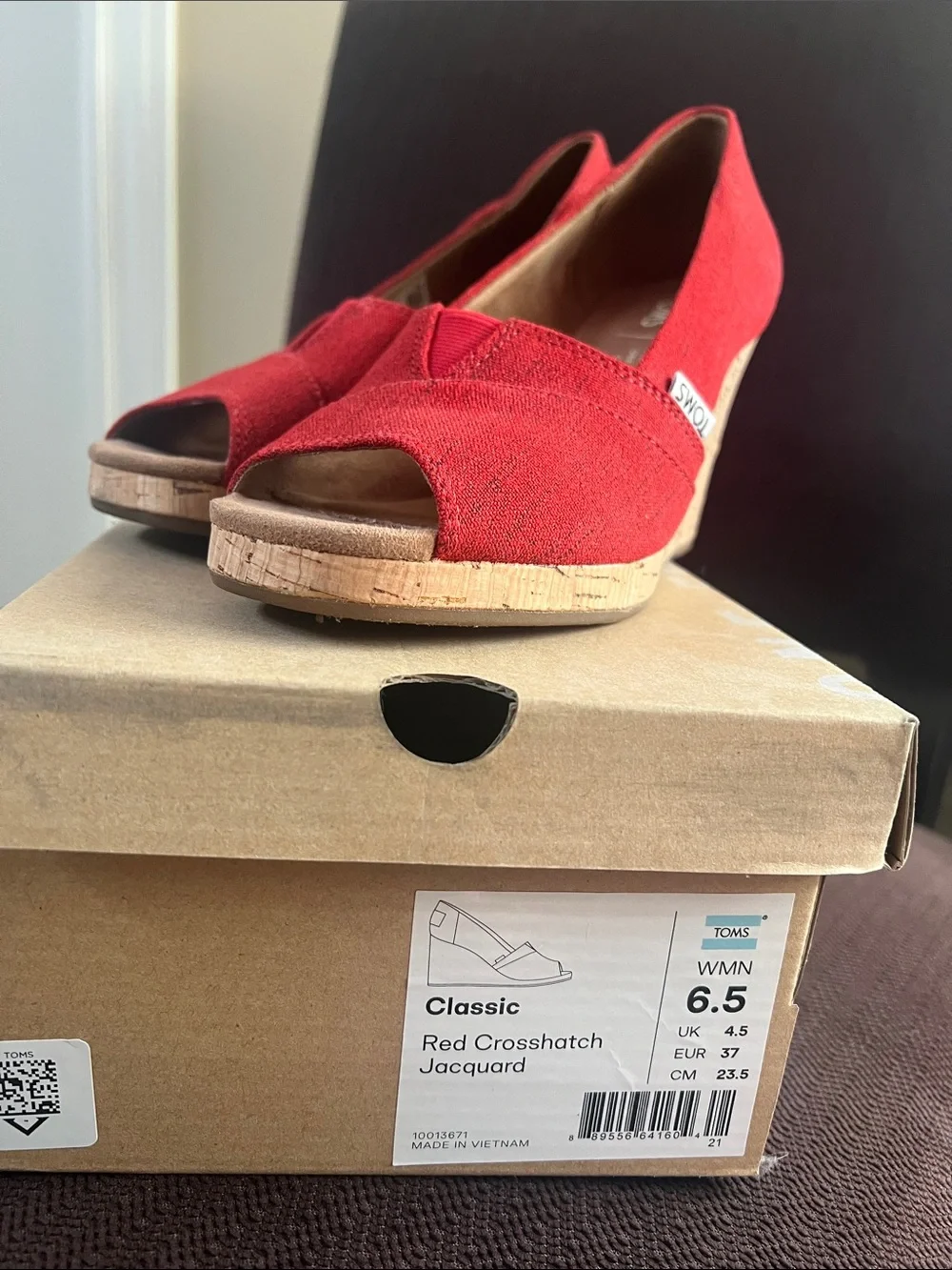 TOMS Red Suede Peep-Toe Wedge Slip-Ons